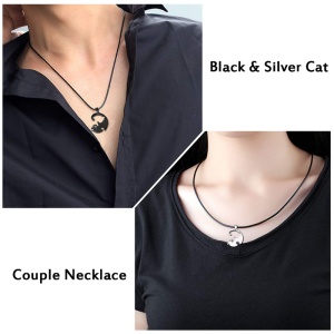 Set lant cuplu, 2 buc, tip sfoara, pandantive pisici, reglabile, unisex, argintie si neagra - Img 2