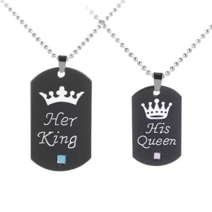 Set lant cuplu cu pandantiv, model king and queen, unisex, argintiu