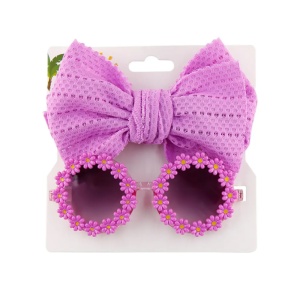 Set ochelari de soare pentru fetite cu funda supradimendionata pentru par, model floricele vesele, marime universala, mov