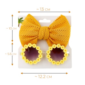 Set ochelari de soare pentru fetite cu funda supradimendionata pentru par, model floricele vesele, marime universala, galben - Img 4