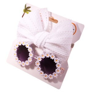 Set ochelari de soare pentru fetite cu funda supradimendionata pentru par, model floricele vesele, marime universala, alb - Img 2