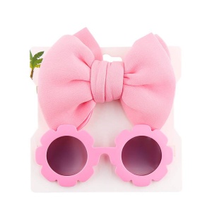 Set ochelari de soare pentru fetite, model rotund tip floare, accesorizat cu funda supradimensionata asortata, tematica fancy summer, marime universala, roz - Img 2