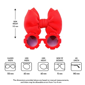 Set ochelari de soare pentru fetite, model rotund tip floare, accesorizat cu funda supradimensionata asortata, tematica fancy summer, marime universala, rosu - Img 4