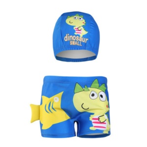 Set pantaloni de baie pentru baieti cu casca asortata, tematica lumea dinozaurilor acvatici, model reptila dino vesel, albastru