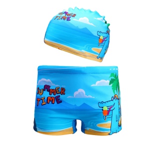 Set pantaloni de baie pentru baieti cu casca asortata, tematica lumea animalelor vesele, model pofticios summer time, turcoaz