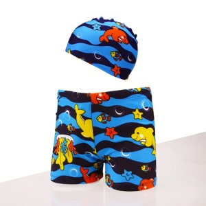 Set pantaloni de baie pentru baieti cu casca asortata, tematica lumea acvatica, model under the sea cu pestisori si stelute de mare, albastru cu galben - Img 2