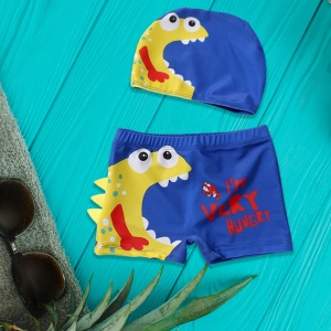 Set pantaloni de baie pentru baieti cu casca asortata, tematica lumea dinozaurilor acvatici, model dino pofticios I’m very hungry, albastru cu galben - Img 3
