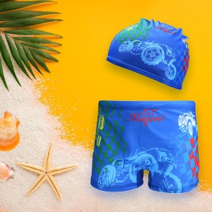 Set pantaloni de baie pentru baieti cu casca asortata, tematica petrecere de vara, model racing indraznet, multicolor - Img 2