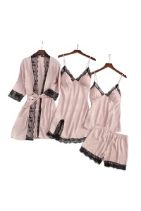 Set pijama, 4 piese, satin si dantela, halat, rochie, bluza si pantalon scurt roz