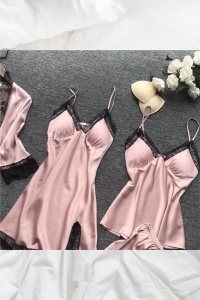 Set pijama, 4 piese, satin si dantela, halat, rochie, bluza si pantalon scurt roz - Img 4