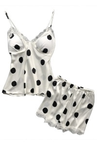 Set pijama, haine de stat in casa sexy, 2 piese, satin cu dantela, maieu si pantalon scurt alb cu buline negre
