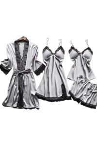 Set pijama, haine de stat in casa sexy, 4 piese, satin si dantela, halat, rochie, bluza si pantalon scurt gri