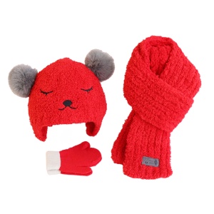 Set trei piese, caciula pentru copii, model pom pom cu ochisori si nasuc, fular moale si manusi calduroase, tematica ready for snow, 1 – 4 ani, rosie