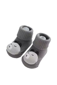 Sosete copii, calduroase, antiderapante, accesorizate, gri inchis cu ursulet mofturos