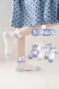 Sosete copii, set 5 perechi, model cu iepurasi si fundite, detalii cute, tematica bunny world– 2 ani, alb cu mov - Img 4