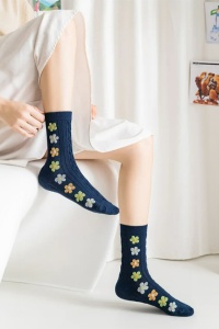 Sosete dama, model fashion si versatil cu flori, tematica I love spring, marime 38 – 42, albastru navy - Img 2