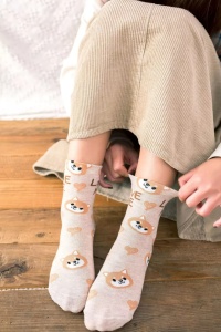 Sosete dama, moi si fine, cu mesaj “love me”, imprimeu animale, marime 36-42, crem - Img 2