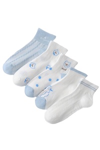 Sosete dama, set 5 perechi, model cu buline si ursuleti, peste glezna, tematica blue world, marimea 36 – 42, alb cu albastru