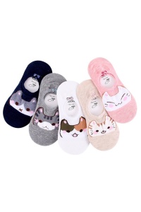 Sosete dama, set 5 perechi, model scurt cu imprimeu animalute simpatice, tematica I love cute cats, non – slip, marime 38 – 42, multicolore