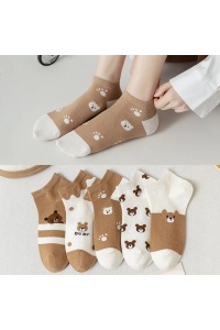 Sosete dama, set de 5 perechi, model pana la glezna cu ursuleti, tematica little happy bear, marimea 36 – 42, maro cu alb - Img 4