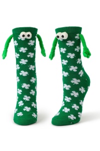 Sosete haioase, model vesel accesorizat cu manute cu magnet si ochisori, imprimeu norocos trifoi cu patru foi, tematica let's be friends, unisex, marime 36-42, verde cu alb
