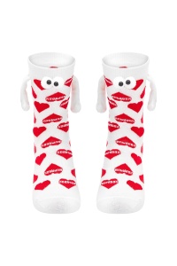 Sosete haioase, model vesel accesorizat cu manute cu magnet si ochisori, imprimeu cu inimioare, tematica crazy couple love, unisex, marime 36-42, albe cu rosu
