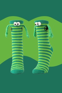Sosete haioase, model vesel accesorizat cu manute cu magnet si ochisori, imprimeu norocos trifoi cu patru foi, tematica let's be friends, unisex, marime 36-42, verde deschis cu verde - Img 3