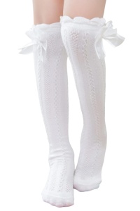 Sosete pentru fetite, model cu fundita cute, pana la genunchi, tematica casual style, albe