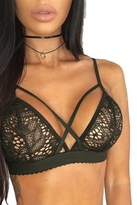 Sutien dama, bretele decorative, model floral, verde