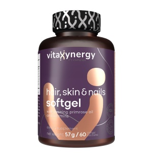 VITAXYNERGY Hair Skin & Nails – Supliment pentru Par Sanatos, Piele Stralucitoare si Unghii Puternice – Cu Biotina, Zinc, Vitamine A, B, C, D, E si Uleiuri Naturale – 60 Softgels, Certificat GMP, Aprobat de Ministerul Sanatatii Certificat FDA, GMP, Halal