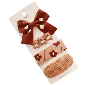 Accesorii de par, tip clema, set 4 piese, funda si ursuleti, maro deschis