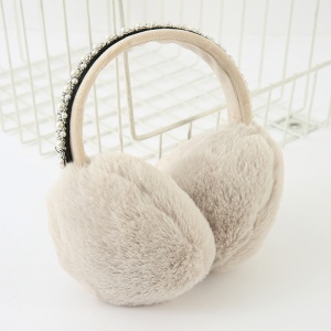 Acoperitori pentru urechi, protectie impotriva frigului, model casti dama rotunde, accesorizate cu margelute, tematica royal fashion, marime universala, maro deschis - Img 3