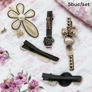 Agrafe de par, set 5 bucati, model elegant cu accesorii pretioase si delicate, tematica fancy lady, negru cu alb - Img 4