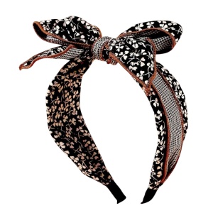 Bentita pentru par, model delicat cu funda si imprimeu floral, tematica fashion mood, marime universala, maro