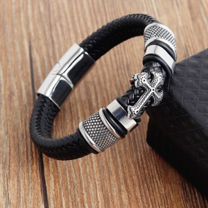 Bratara barbati, accesoriu cruce si detalii metalice, dimensiune fixa, argintie, - Img 3