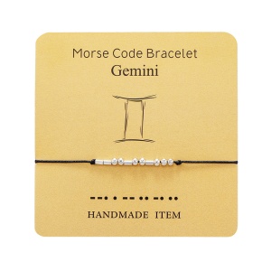 Bratara cod morse zodiac gemeni, argintiu, creata manual, neagra, , unisex
