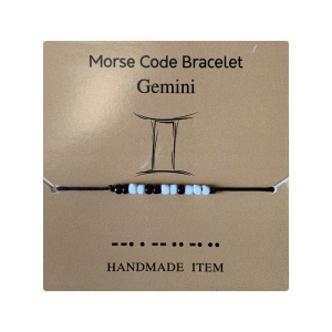 Bratara cu cod morse zodiac gemeni, argintiu, creata manual, neagra, , unisex