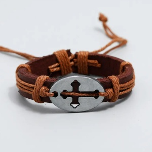 Bratara cu cruce, model retro, reglabila, unisex, maro deschis, - Img 2