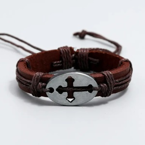 Bratara cu cruce, model retro, reglabila, unisex, maro inchis, - Img 3