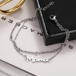 Bratara dama, dublata, model cel mai frumos cuvant, pandantiv mama, cu accesorii bilute, reglabila, argintie - Img 2