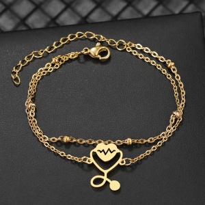 Bratara dama, dublata, model doctor heart, pandantiv inima cu stetoscop, cu accesorii bilute, reglabila, aurie - Img 3