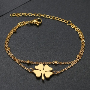 Bratara dama, dublata, model lucky, pandantiv trifoi norocos, cu accesorii bilute, reglabila, aurie - Img 2