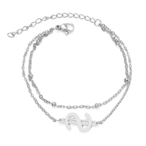 Bratara dama, dublata, model rich money, pandantiv dolar, cu accesorii bilute, reglabila, argintie