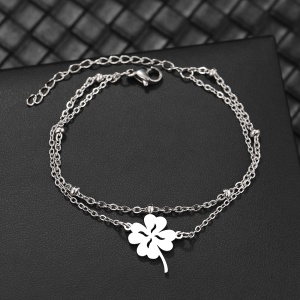 Bratara dama, model dublat cu accesorii bilute, tematica lucky charm, pandantiv trifoi cu patru foi, reglabila, argintie - Img 2