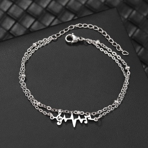 Bratara dama, model dublat cu accesorii bilute, tematica music is my life, pandantiv fantezie muzicala cheia sol cu puls si note, reglabila, argintie - Img 2