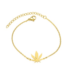 Bratara dama, model marijuana, pandantiv frunza fericirii, tematica too high, reglabila, aurie