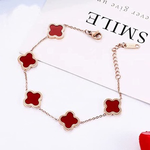 Bratara dama, model norocos, M2, trifoi cu 4 foi, bronz, reglabila, cu accesorii rosii - Img 2