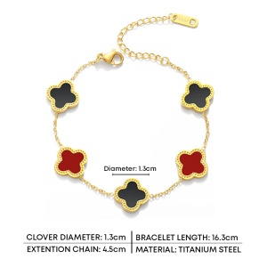 Bratara dama, model norocos, trifoi cu 4 foi, aurie, reglabila, cu accesorii negre si rosii - Img 3