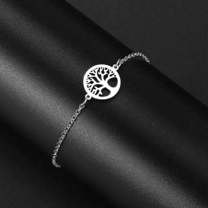 Bratara dama, model tree of life, pandantiv rotund copacul vietii, reglabila, argintie - Img 2