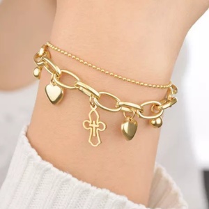 Bratara dama, pandantiv cruce, accesorii inimioare, dubla, reglabila, aurie - Img 3